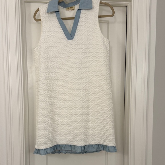 SSYS Dresses & Skirts - Stylish White Lattice Embossed Dress with Light Blue Trim NWOT